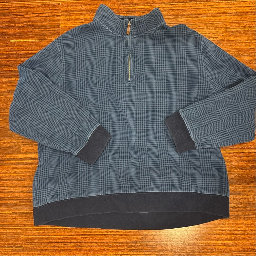 Lands End Men’s Quarter 1/4 Zip Heavy Pullover Sweatshirt Size XXL Blue Plaid
